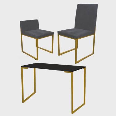 Imagem de Kit Mesa Escrivaninha com Cadeira Stan e Poltrona Lee Tampo Preto Ferro Dourado Corino Cinza - Ahz Móveis