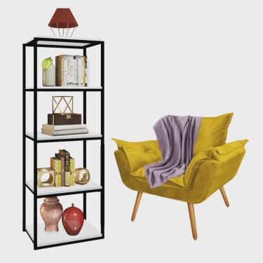 Imagem de Kit Poltrona Fatte com Manta Soft Lilás e Estante Livreiro Ferro Preto mdf Branco Suede Amarelo - Ahazzo Móveis