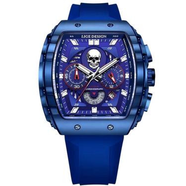 Imagem de Relógio De Quartzo Impermeável Masculino Caveira Esportivo Casual Tonneau Azul