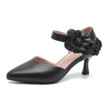 Imagem de fereshte Sapato social feminino de casamento, festa noturna, flor e salto gatinho, tira no tornozelo, Preto, 41