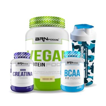Imagem de Kit VEGAN PROTEIN 900g + BCAA Fit Foods + Premium Creatina 100g + Coqueteleira - BRN Foods (Grande, Baunilha)