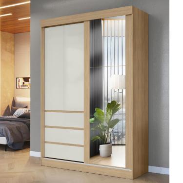 Imagem de Guarda Roupa Solteiro com Espelho 3 Portas 3 Gavetas em MDF Bagdá Visão Móveis - Castanho/Off White