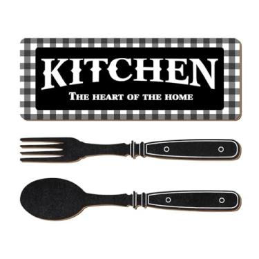 Imagem de Kuntesetty Decoração de parede de cozinha Conjunto de madeira Eat sinais, colecionável, obra de arte, ornamento de colher de garfo, decoração de parede para