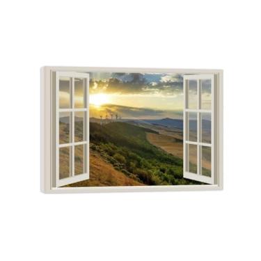 Imagem de Imagem de parede de paisagem com vista de janela - Nuvens nascer do sol floresta-pintura da natureza em tela - impressões em tela modernas prontas para pendurar tela emoldurada 50x70cm20x27in