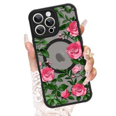 Imagem de AIGOMARA Capa para iPhone 16 Pro, compatível com MagSafe, linda estampa de flor rosa com capa de telefone fosca semitransparente para mulher Gilrs TPU macio e PC capa protetora traseira fina para