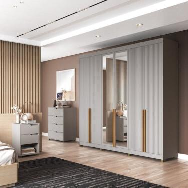 Imagem de Quarto Casal Completo com Guarda-Roupa Newton 6 Portas, 1 Cômoda e 2 Mesas de Cabeceira Cinza / Marrom