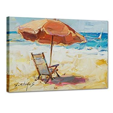Imagem de LJZLDZS Cadeira de arte de parede em tela de praia guarda-chuva laranja decoração costeira oceano paisagem marítima imagens de arte para banheiro quarto sala de estar impressão de pintura de casa