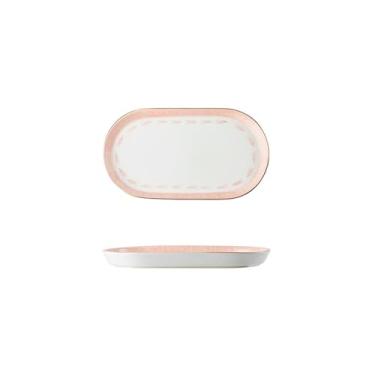 Imagem de Conjunto de pratos nórdicos, utensílios de mesa de cerâmica domésticos e prato de vegetais - prato de peixe geométrico com borda dourada de 30 cm (rosa para meninas)