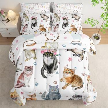 Imagem de AILONEN Jogo de edredom infantil Queen, 7 peças, com estampa de gato em aquarela, lençol de cima e 2 fronhas, 2 fronhas para quarto