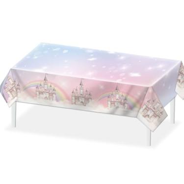 Imagem de Toalha de mesa de castelo de princesa, durável, lavável, capa de mesa de aniversário para meninas, decoração de chá de bebê, tapete de piquenique com tema de festa de aniversário de fada