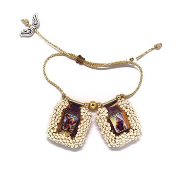 Imagem de Pulseira Sagrada Escapulária Artesanal de Contas Simples do Sagrado Coração de Jesus, Virgem Santa de Carmen, Arcanjo de São Miguel. 2,5 cm x 3 cm por Zaraleas, Small, Couro, Sem Pedra Preciosa