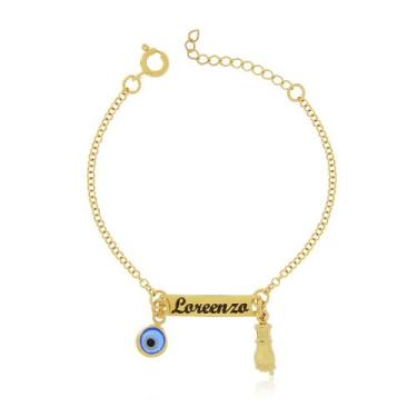 Imagem de Pulseira Infantil RN com Nome Figa e Olho Grego Banho de Ouro - Gabby 