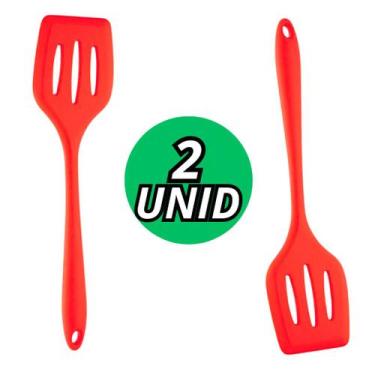 Imagem de 2 Espatulas Vazada Vermelha De Silicone Kit Utensilios Para Alimentos 