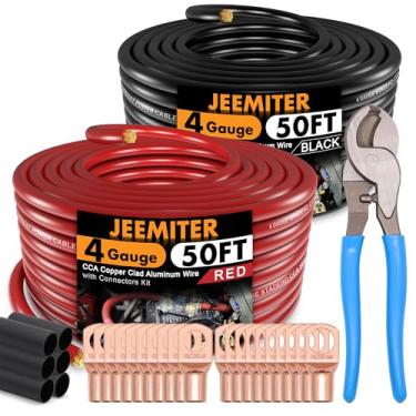 Imagem de Jeemiter Fio Calibre 4 AWG CCA - Fio Automotivo, Amplificador de Rádio de Carro/Fio Terra, Cabo de Bateria com Conectores Terminais de Terminal e Tubo Termorretrátil 30 m Vermelho Preto