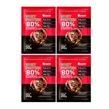 Imagem de Kit com 4  Saches Whey Protein 80% 30g Growth Chocolate Com Milk Shake