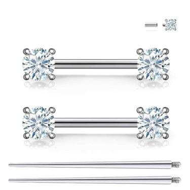 Imagem de Ruifan Piercing de mamilo de titânio roscado internamente anel redondo transparente zircônia cúbica anéis de língua piercing de barra reta para mulheres e homens 14G 14 mm com cone de piercing reto