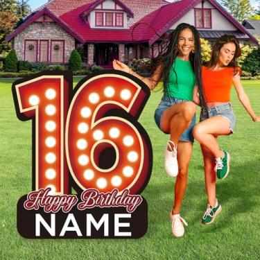 Imagem de Yoirrat Placas Grandes De 27,5" Com 16 Feliz Aniversário, Nome Personalizado, Placa Gramado Para Anos, Laranja, Vermelho Estacas Meninos E Meninas, Materiais Festas Ao Ar Livre
