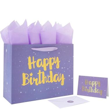 Imagem de Conjunto de sacolas de presente de feliz aniversário roxo grande de 33 cm com alças, cartão comemorativo, papel de lavanda e adesivos para mulheres, meninas, crianças, design de estrelas, 1 peça.