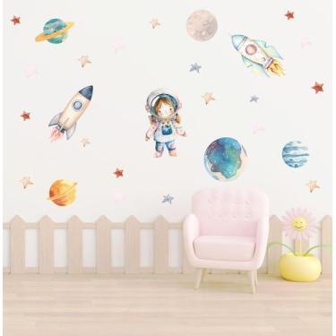 Imagem de Adesivo Parede Menina Astronauta Aquarela Boho - Colakoala Adesivos