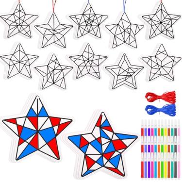 Imagem de Motipuns 36 Set 4th of July Crafts Kit with Watercolor Pen, Color Your Own Patriotic Star Kit Suncatchers Craft Independence Day DIY Ornaments for Geometric Card Classroom Activity Art Craft Project