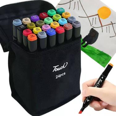 Imagem de Caneta Canetinhas 24 Cores Permanente Ponta Dupla Com Estojo Bolsa Com Alça Escola Curso Faculdade