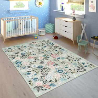 Imagem de DECOMALL Tapetes laváveis Jasmine, tapete de flores modernas coloridas com suporte de borracha, tapete antiderrapante dobrável para sala de estar, quarto, sala de jantar, 9,5 x 1,5 m, azul/multi