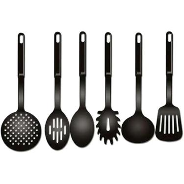 Imagem de Conjunto Kit Utensílios Cozinha Colher Concha Escumadeira Espátula Pegadores Cor:Preto. Todas as Peças Oferecem um Manuseio Confortável e Seguro, Além de Levar Muita Beleza e Praticidade