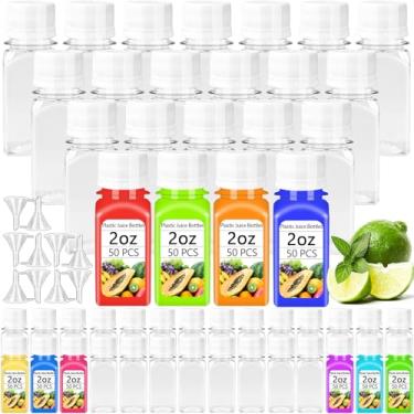 Imagem de Qiuttnqn 50 garrafas de plástico pequenas de 59 ml com tampas brancas, recipientes reutilizáveis de suco transparente com 10 funis, recipientes de plástico vazios para doses de gengibre, líquidos