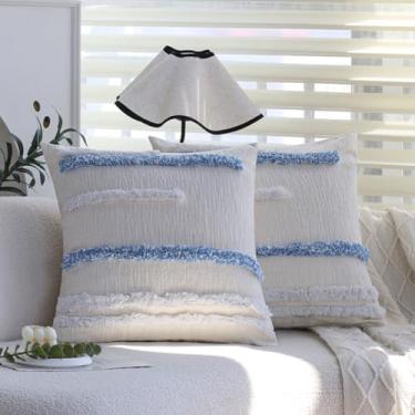 Imagem de Conjunto de 2 capas de almofada de chenille macias estilo nórdico 45,7 x 45,7 cm com design tufado para sala de estar e quarto, fronha de tufos com listras azuis e brancas escandinavas, decoração de