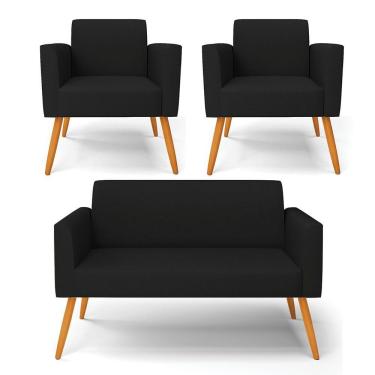 Imagem de Sofá Namoradeira Com 2 Poltronas Pés Palito Castanho Marisa Linho D03 - D\'rossi Cor A79 Preto