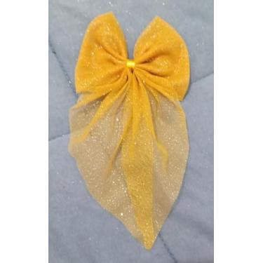 Imagem de Laço de Cabelo em Tule com Brilho, Design Borboleta, Presilha Bico de Pato, para Festas e Eventos (Mostarda)