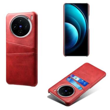 Imagem de Capas Compatível com VIVO X100,Caso de couro PU-Tampa de telefone a prova de choque com 2 slots de cartão,Proteção anti-impressão digital e anti-gota-Red