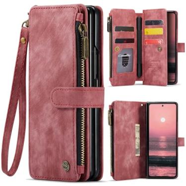 Imagem de Capa carteira para Samsung Galaxy Z Fold 6 com [suporte para caneta S], suporte para cartão com zíper magnético, alça de cordão, carteira de couro para Galaxy Z Fold 6 (vermelha)