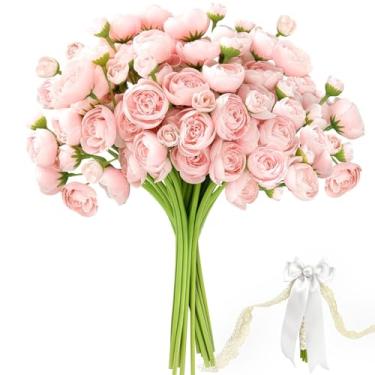 Imagem de 24 peças de flores artificiais de ranúnculo com laços, fitas e alfinetes de pérola, mini peônias de seda sintética para buquês de casamento, decorações de chá de panela e decorações de mesa de casa