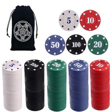 Imagem de IXIGER 200Pcs Poker Chips, Poker Chips Set with Denominations for Card Board Game, Plastic Game Chips with Black Velvet Pouch Bag, Math Counting Chips,Game Night Party Supplies