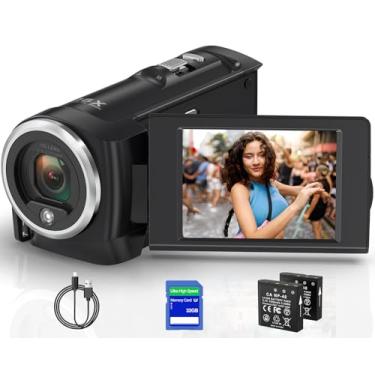 Imagem de Câmera Filmadora 2.7K 56MP Full HD para Vlogging no YouTube, com Zoom Digital 16X, Função Webcam, Tela Giratória de 270°, Cartão SD de 32GB,2 Baterias,Gravação Contínua ，Câmera de vídeo