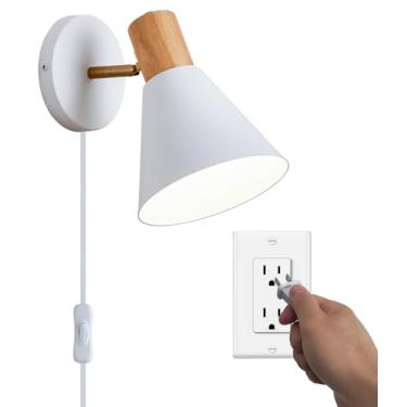 Imagem de Vechoicy Arandelas de parede, luminária de parede de cabeceira ajustável de madeira para quarto industrial, iluminação de pia de banheiro (plugue branco, 1 pacote)