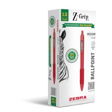 Imagem de Zebra Pen Canetas esferográficas retráteis recicladas Z-Grip, 1,0 mm, tinta vermelha, clipe de metal durável, 68% recicladas, pacote com 12 (20630)
