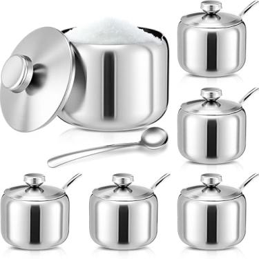 Imagem de Yiyiring 6 peças de açucareiro de aço inoxidável com tampa e colher, recipientes de açúcar, pote redondo de tempero prateado com tampas de vidro transparente para servir barra de tempero de pimenta