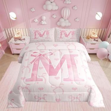 Imagem de Erosebridal Conjunto de edredom com letra A-Z, para mulheres, adolescentes, meninas, rosa, M, com laço romântico, macio, fofo, coração, decoração de quarto, edredom feminino