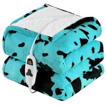 Imagem de Cobertor elétrico aquecido com estampa de vaca, tamanho solteiro, 152 x 203 cm, cobertor de aquecimento verde com 10 níveis de aquecimento e 8 horas de desligamento automático, cobertores de lã de