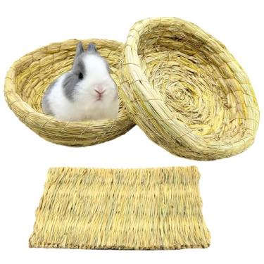 Imagem de Tapete de grama de coelho, 3 peças, tapetes de palha de tecido natural cavando coelho, cesta de descanso de feno de porquinho-da-índia Timothy, brinquedos para mastigar gaiola para hamster chinchila