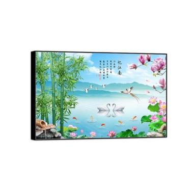 Imagem de BMZFYBS Impressão em tela de paisagem - Lago de bambu flores de lótus - arte de parede natural imagem chinoiserie - pôster de decoração de moldura preta 20 x 30 cm 8 x 12 pol