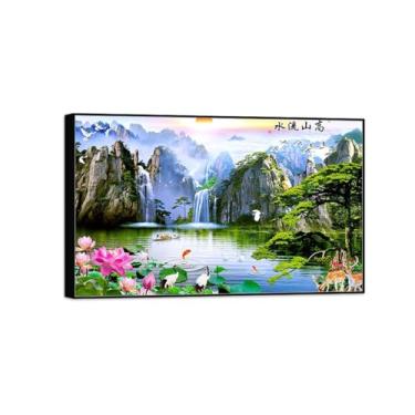 Imagem de BMZFYBS Pintura em tela de paisagem, lago, lótus, animais, natureza, arte de parede, imagem chinoiserie, moldura preta, 70 x 115 cm, 27 x 45 pol