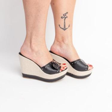 Imagem de Sandália Anabela Tamanco Salto Confortável Com Fivela - Verde Limão, L