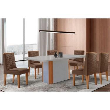 Imagem de Conjunto Sala de Jantar Pietá c/ Tampo Madeirado c/ Vidro Canto Curvo 180x90cm e 6 Cadeiras Dafne Madeira Maciça Naturale/Off White - Capuccino/Suede 