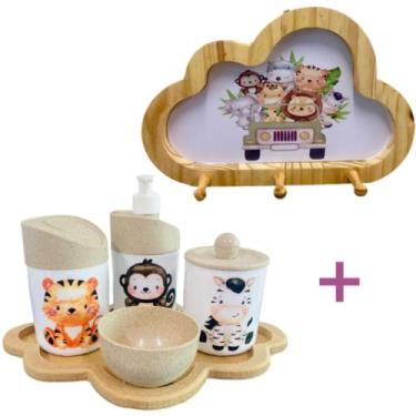 Imagem de Kit Higiene Bebê Safari Macaco, zebra e tigre + Cabideiro Infantil Nuv