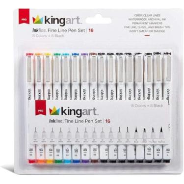 Imagem de KINGART 436-16 PRO Inkline Color + Micro Line & Precision Graphic Pens, 8 CORES Tamanho 03 (0,35 mm), 8 pontas pretas sortidas, tinta japonesa à prova d'água de arquivo, arte, ilustração, letras,