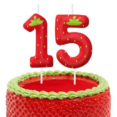 Imagem de Velas de aniversário de morango, decoração de topo de bolo de 6 cm, número 15 velas, decorações de aniversário, decorações de bolo de festa de aniversário, suprimentos de festa