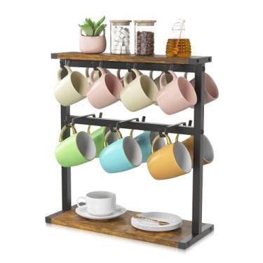 Imagem de EsLuker.ly Suporte de caneca de café, suporte de árvore para bancada, organizador de estação de café de madeira rústica de 2 níveis, suporte estreito para cozinha, escritório, comporta 14 canecas com